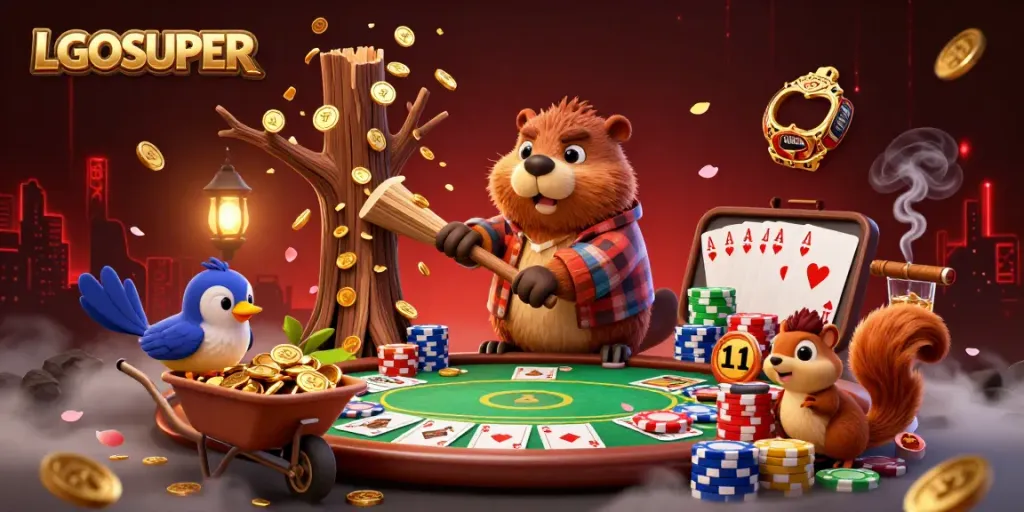 Engage with LGOSUPER's vibrant casino scene featuring characters amidst gaming elements rich in detail.