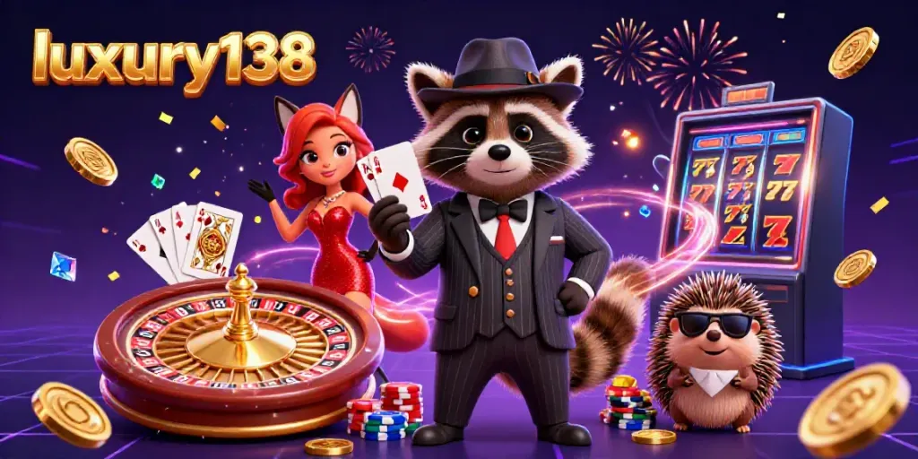 Experience the thrill of luxury138 with a charming raccoon and friends celebrating casino wins in style.