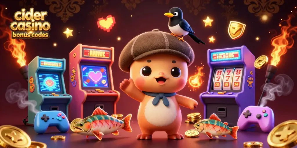 Engage with Cider Casino Bonus Codes in a vibrant gaming scene with playful characters and dynamic game elements.