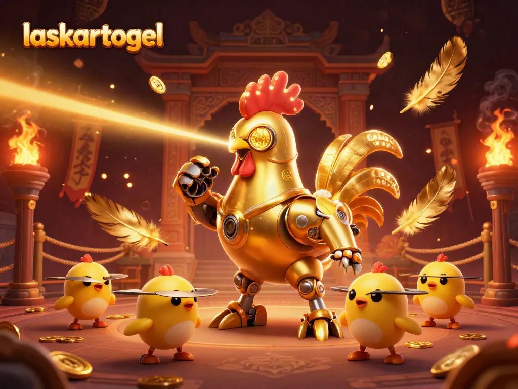 Engage in winning scenarios with laskartogel's dynamic 3D casino scene featuring a golden rooster robot.