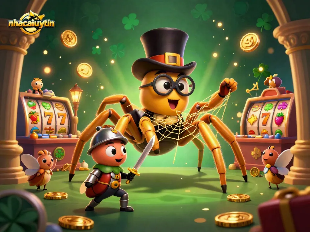 Engage with the enchanting nhacaiuytin casino illustration featuring a golden tarantula and beetle knight amid thrilling game elements.
