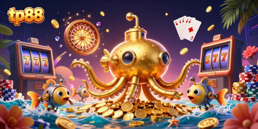 Experience the thrill of winning at tp88 with a vibrant 3D casino scene featuring golden kraken and sparkling chips.