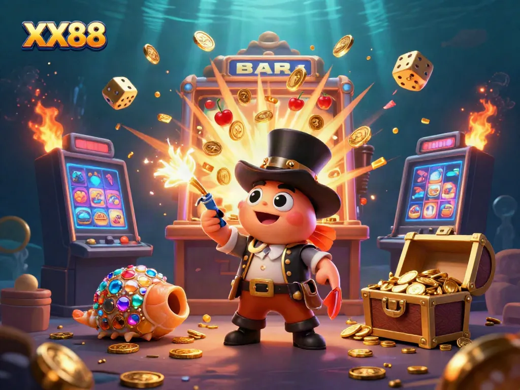 Engage with thrilling casino action in XX88 featuring a giant slot machine, coins, and vibrant characters.
