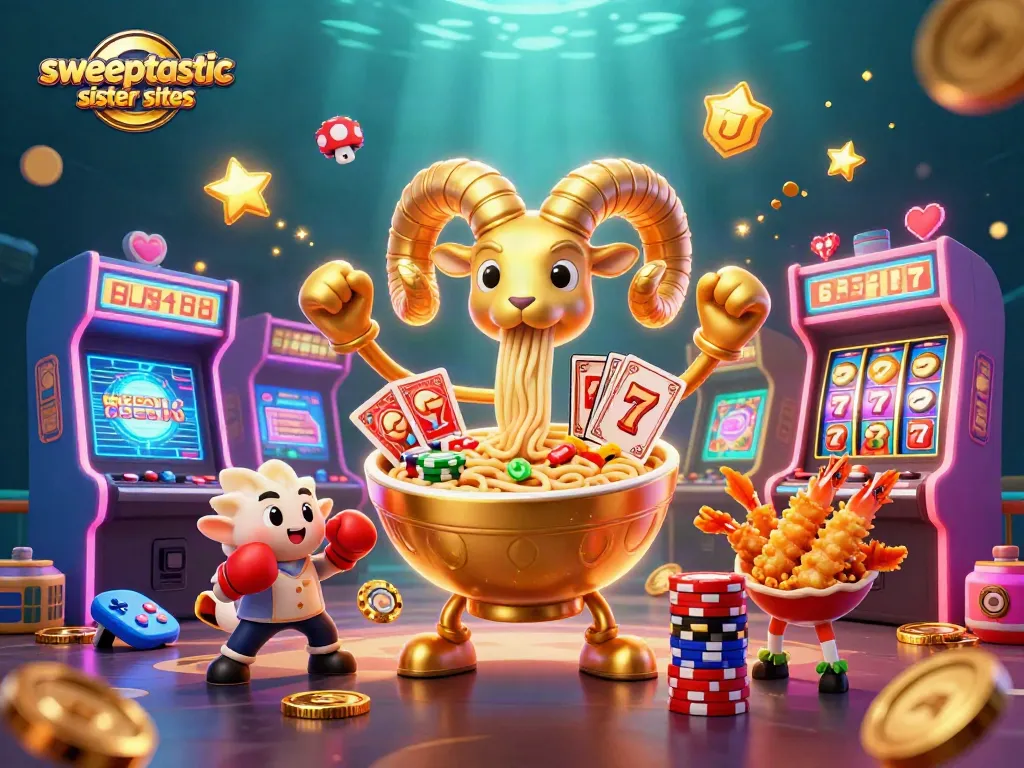Experience the excitement of Sweeptastic sister sites with colorful slots and characters in a dynamic 3D scene.