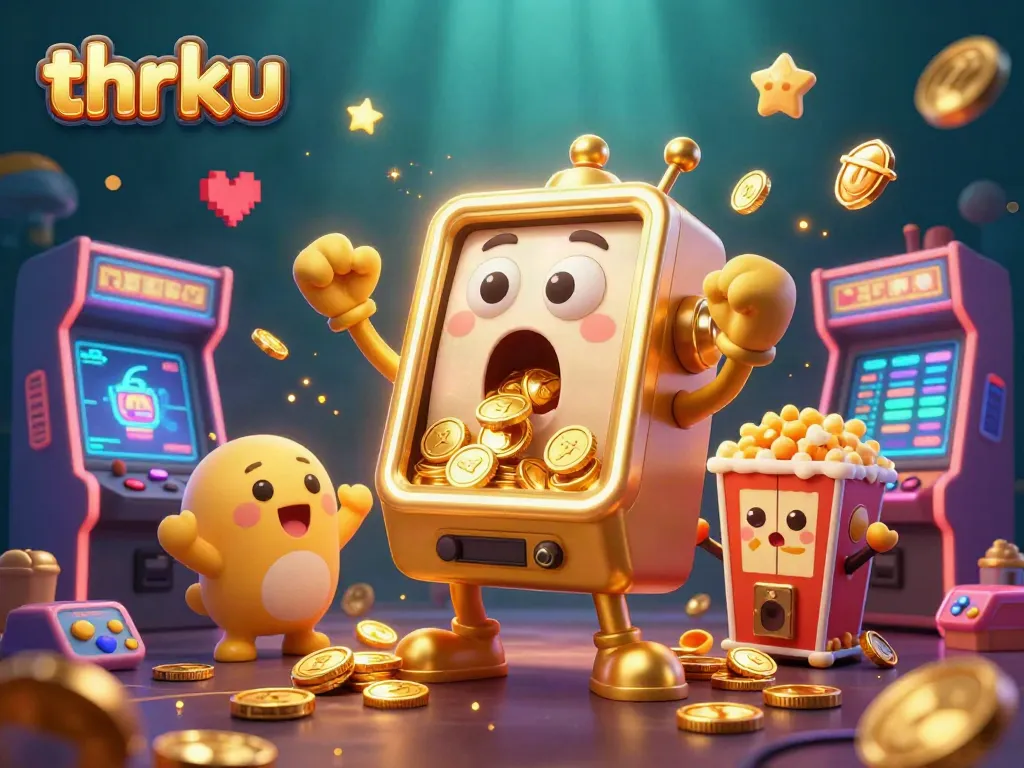 Thrku slot machine hits jackpot, showering coins amid cheering baby machines in vibrant casino scene.