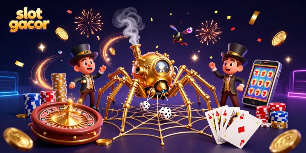 Experience thrilling slot gacor action with our dynamic 3D illustration showcasing steampunk elements and casino games.