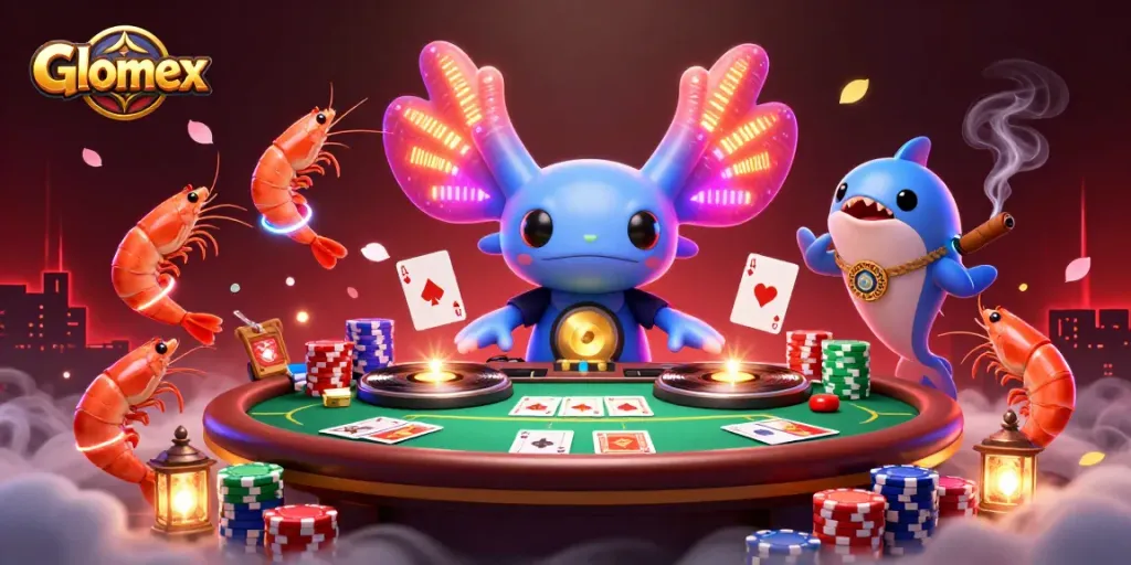 Engage with Glomex, the vibrant axolotl DJ at a lively poker table surrounded by animated sea creatures.
