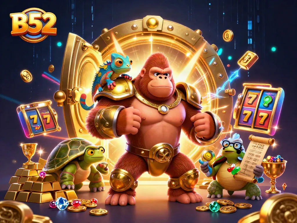 Engage with the thrilling B52 casino adventure featuring a gorilla king, chameleon, and tortoise amidst vibrant slot reels.