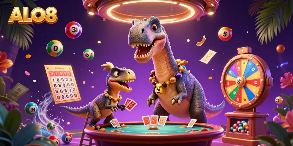 Win big with ALO8 in this vibrant casino scene featuring a brontosaurus and clever raptor dealing cards.