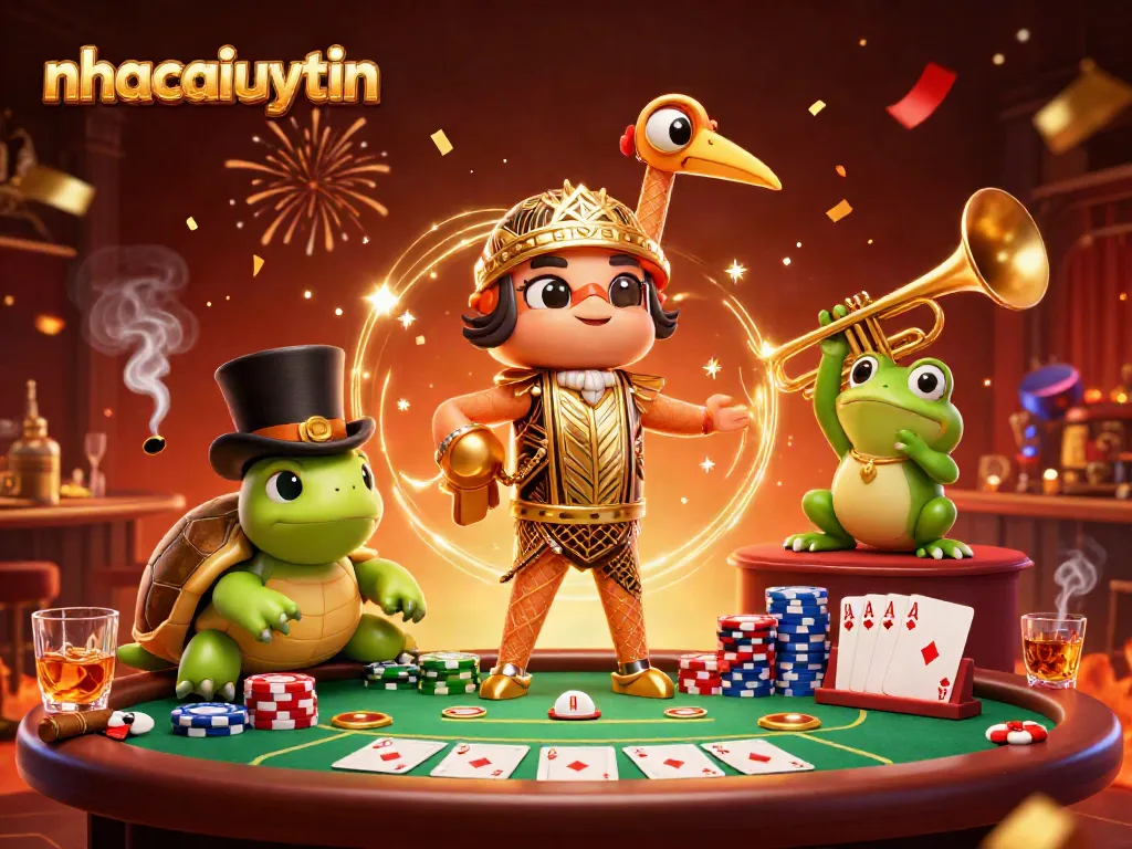 Engaging nhacaiuytin-themed 3D casino illustration showcasing lively characters and poker elements.