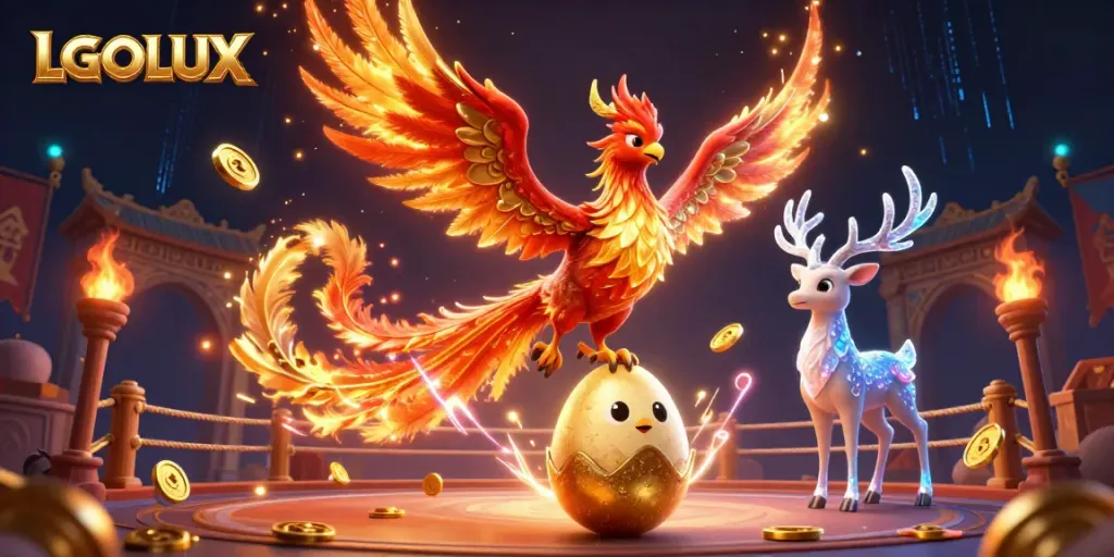 Experience LGOLUX magic with a soaring phoenix and vibrant casino elements.