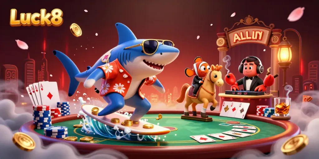 Luck8 brings vibrant energy as a shark surfer and tuxedo clownfish celebrate with poker elements in a dynamic setting.
