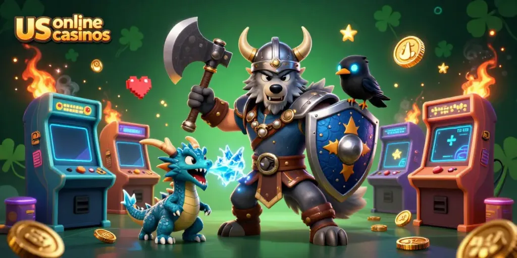 Experience the thrill of us online casinos with vibrant 3D characters in a rich gaming scene.