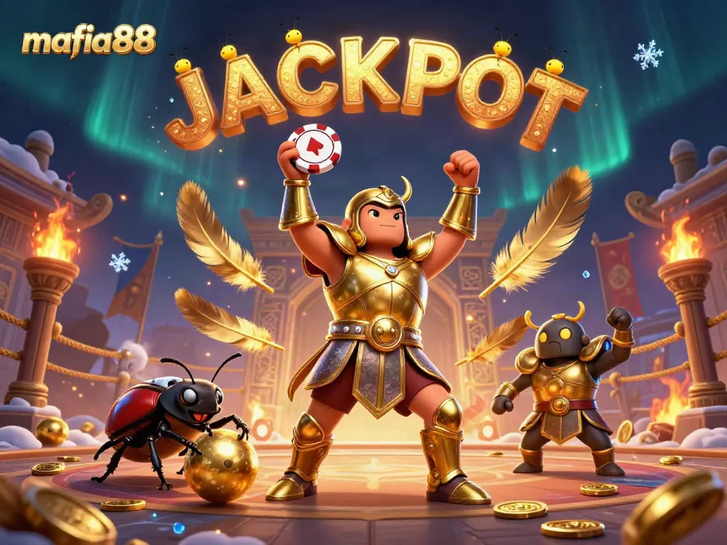 Permainan kasino mafia88 dengan karakter unik menggenggam chip poker dan suasana meriah di sekitarnya