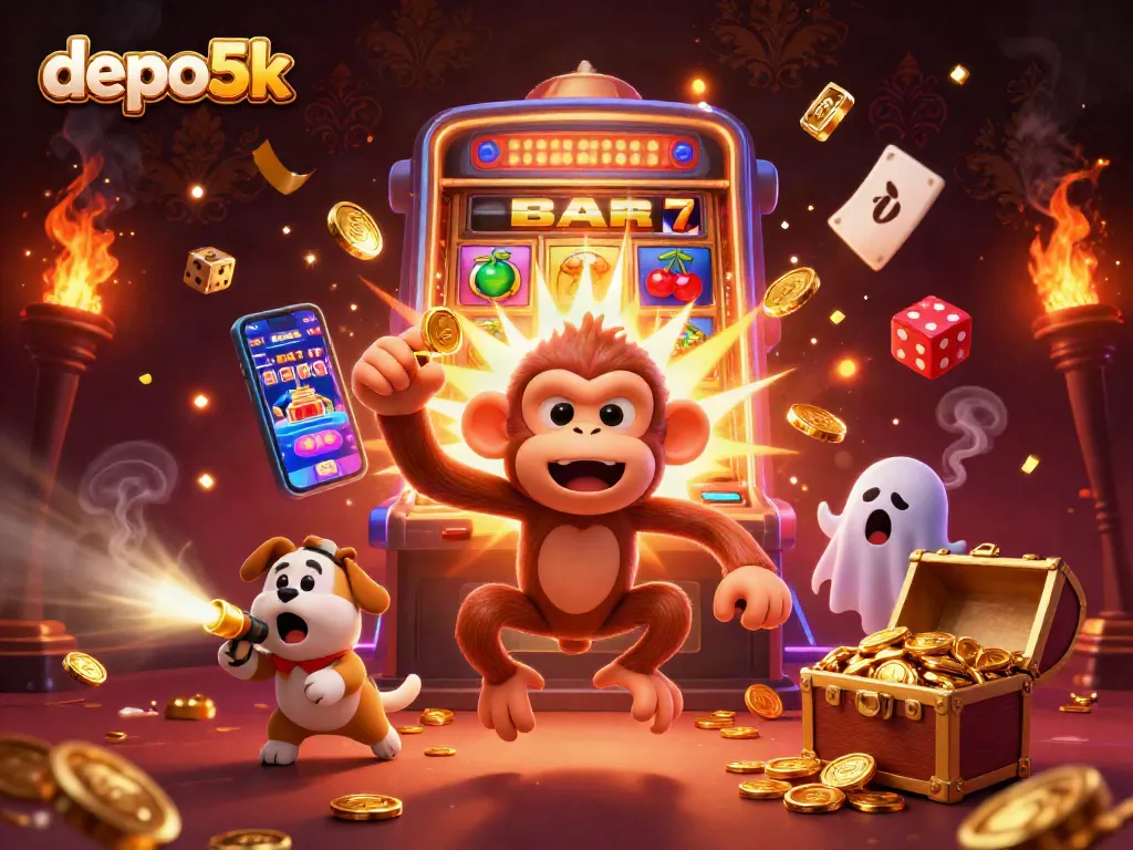 Join the excitement of depo5k with a playful poltergeist monkey and ghost-hunter puppy in a lively casino.