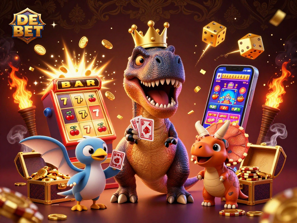 Experience thrilling games with DE BET's engaging characters, vibrant casino elements, and immersive atmosphere.