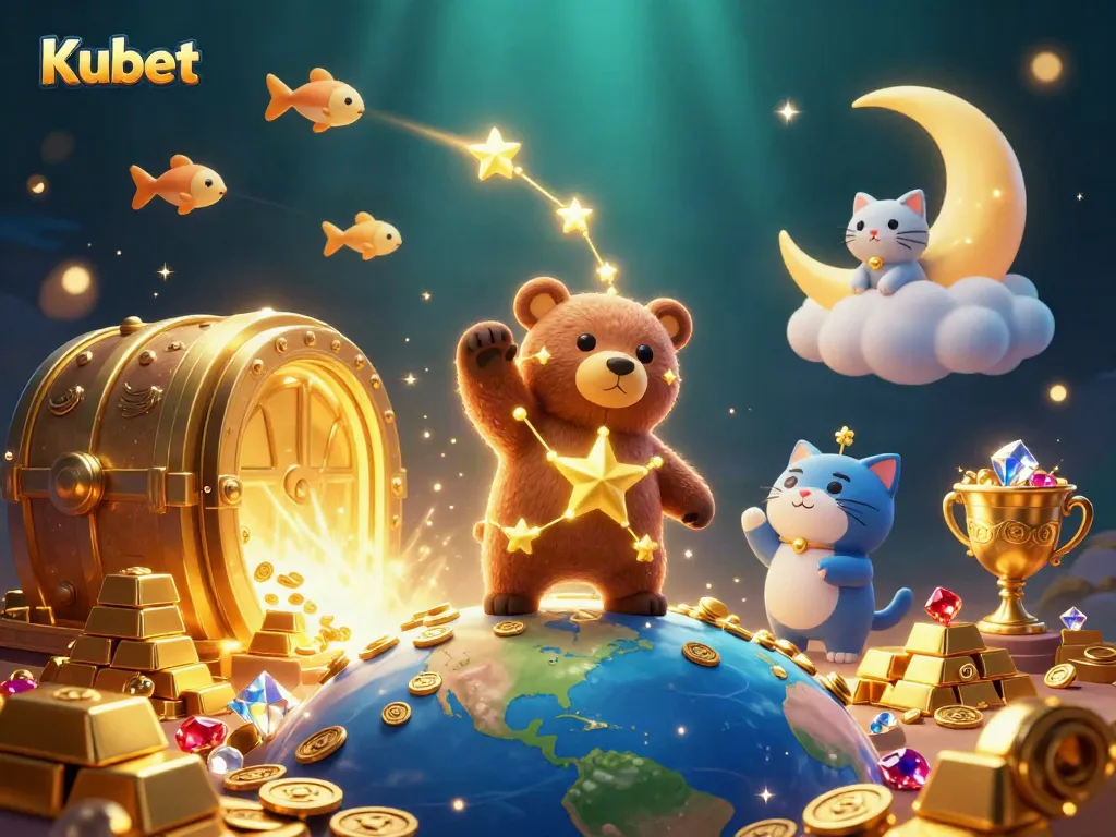 Kubet's vibrant gaming scene depicting a constellation bear scooping coins with rich casino elements.