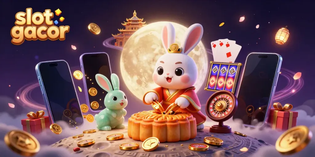 Mengguncang slot gacor, kelinci bulan mengolah kue bulan emas dengan chip poker di latar belakang bulan.