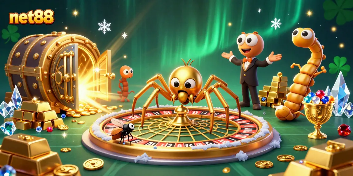 Experience net88 thrills as a fly places bets on a roulette web spun by a golden spider under dazzling light.