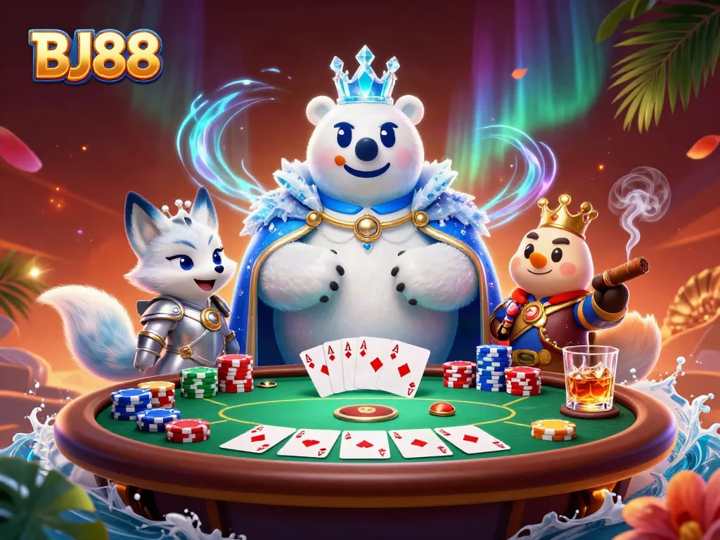 BJ88 players winning big at an energetic poker table with colorful chips and cards.