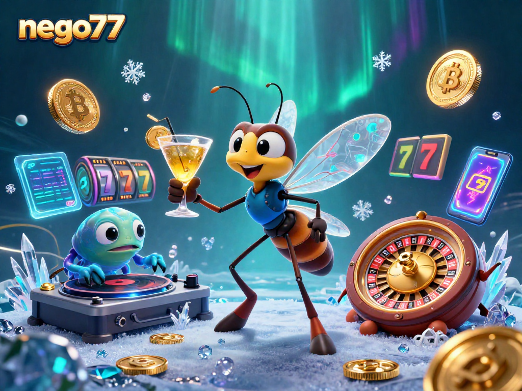 Nego77 offers a vibrant casino experience with unique characters and crypto-themed elements.