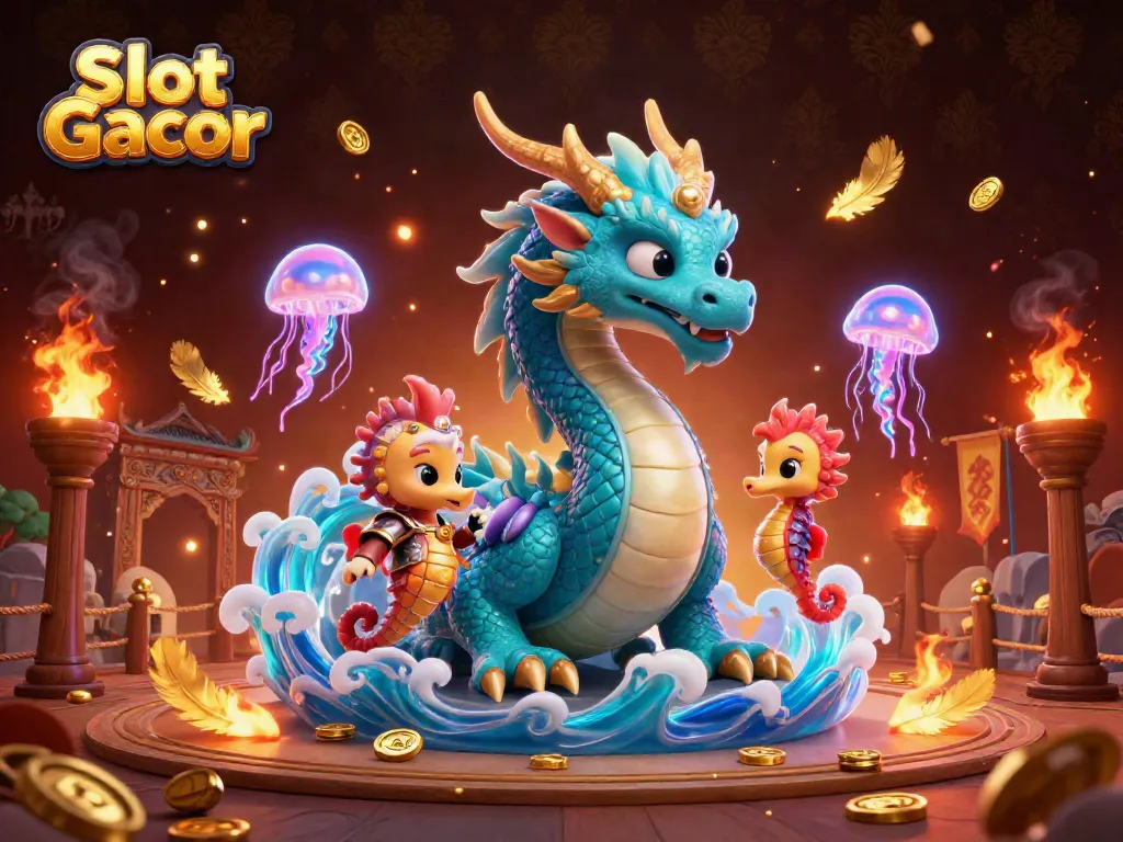 Unleash your winning potential with Slot Gacor featuring an azure water dragon and a seahorse knight.