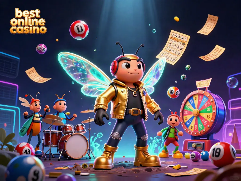 Engage with the best online casino experience through an energetic scene of casino games and vibrant characters.
