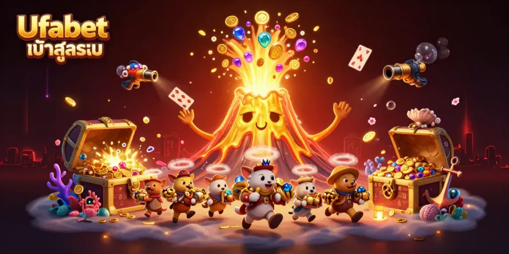 Experience the excitement of Ufabet เข้าสู่ระบบ with a dynamic 3D casino-themed illustration featuring triumph and treasure.