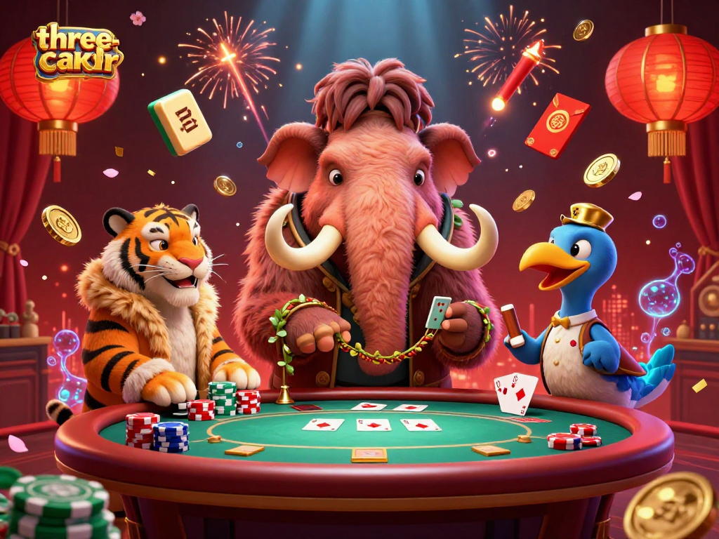 Engage in three-card-poker excitement with a lively casino scene featuring a woolly mammoth bouncer and VIP guests.
