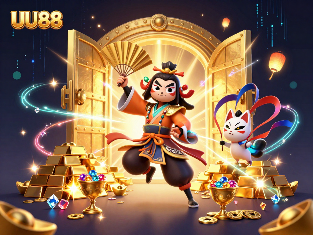 Experience thrills at UU88 with gold vaults and kabuki warriors in a vibrant casino scene.