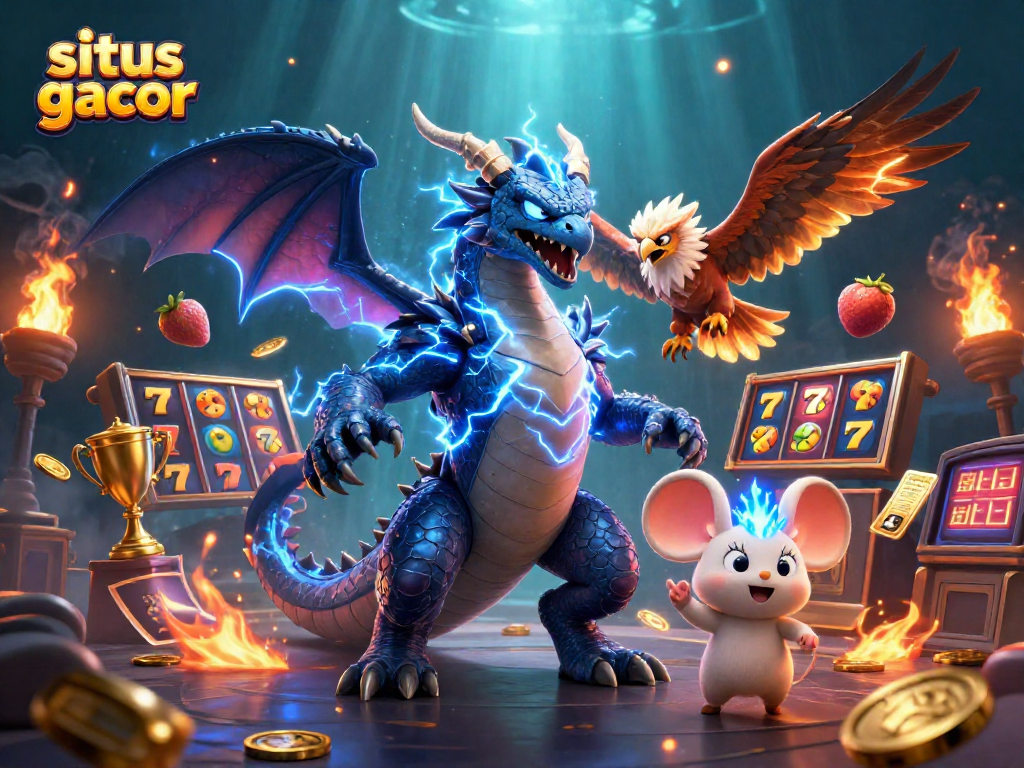 Menang besar di situs gacor dengan simbol slot berkilau dan karakter fantasi yang energik.