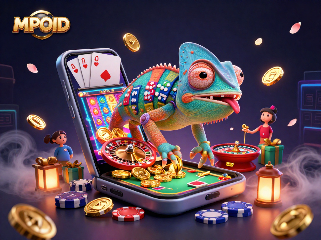 MPOID chameleon casino owner catching golden coins amid a vibrant 3D gambling scene.
