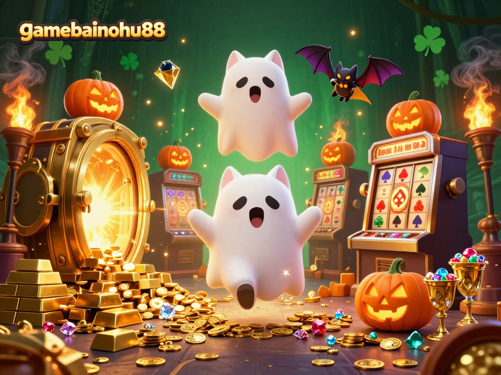 Experience gamebainohu88 in a haunted casino mansion with a ghost cat and vampire bat in vivid detail.