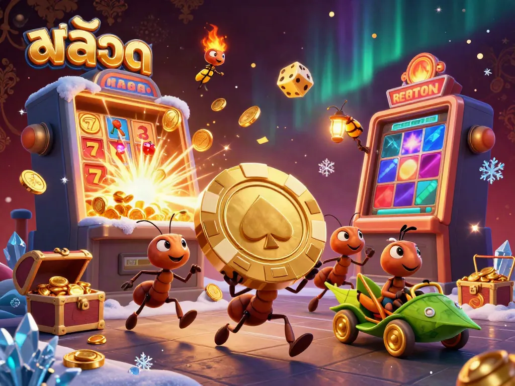 Exciting illustration ofสล็อตheist with ants carrying a golden chip amid dynamic casino elements.