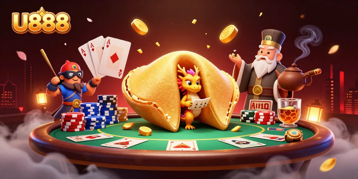 Engage in thrilling games at U888, where a whimsical dragon guards fortunes beside a poker scene.