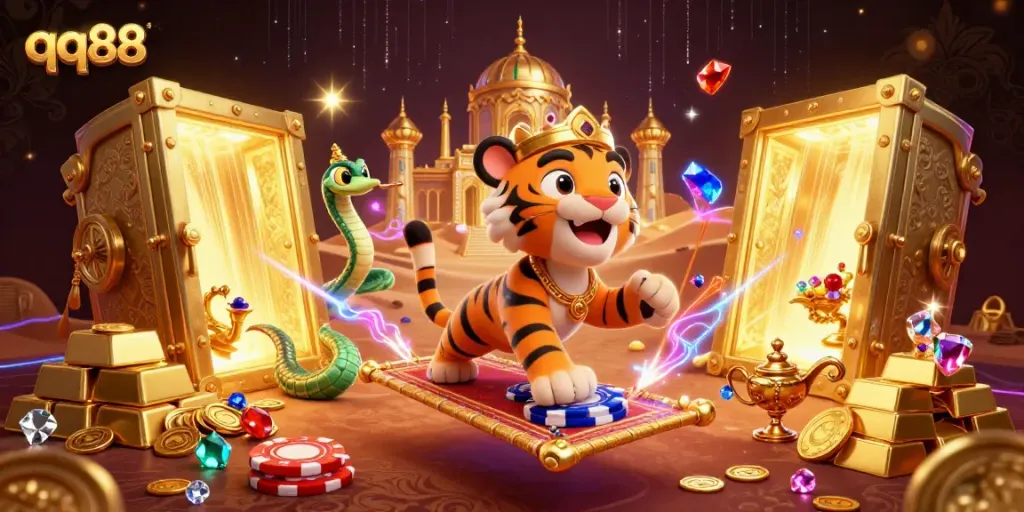 Experience fantastic jackpots with qq88's vibrant casino illustration showcasing treasure and excitement.