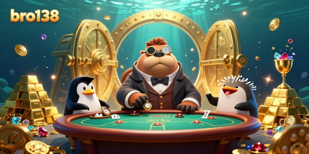 Experience thrilling gameplay at bro138 with a jolly walrus in a lavish underwater casino scene.