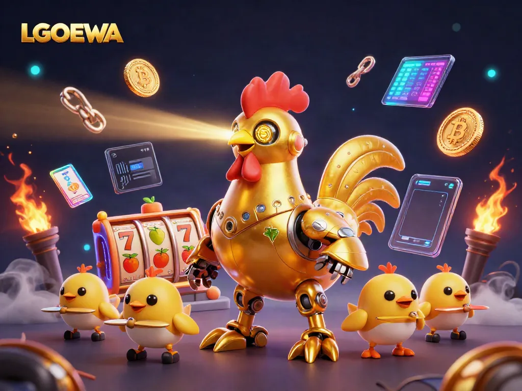 Win big with LGODEWA in this vibrant casino scene featuring golden rooster robot and crypto elements.