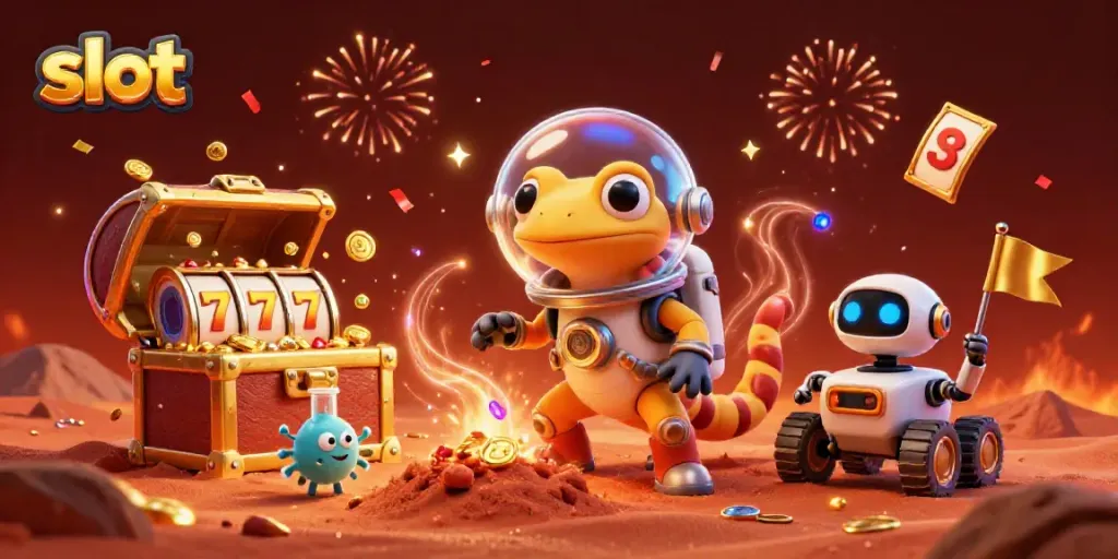 Pemain slot dengan geko Mars menemukan kasino emas di Mars, dikelilingi simbol slot.