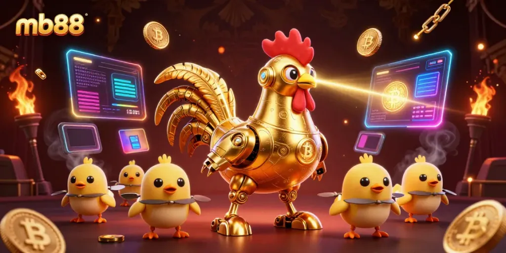 Engage with exciting gaming action on mb88, showcasing a golden rooster robot and baby chick drones in a vibrant casino atmosphere.