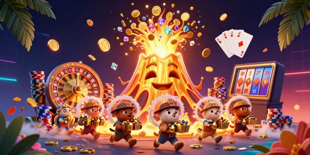Experience the excitement of bolaslot99 as a golden volcano erupts coins and treasures in this vibrant gambling scene.