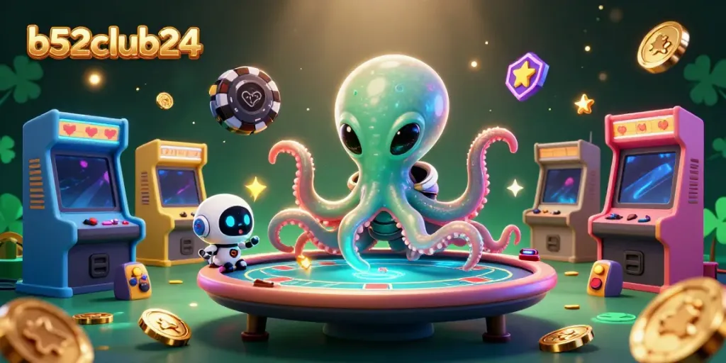 Engage with b52club24's thrilling poker scene featuring an alien octopus in action.