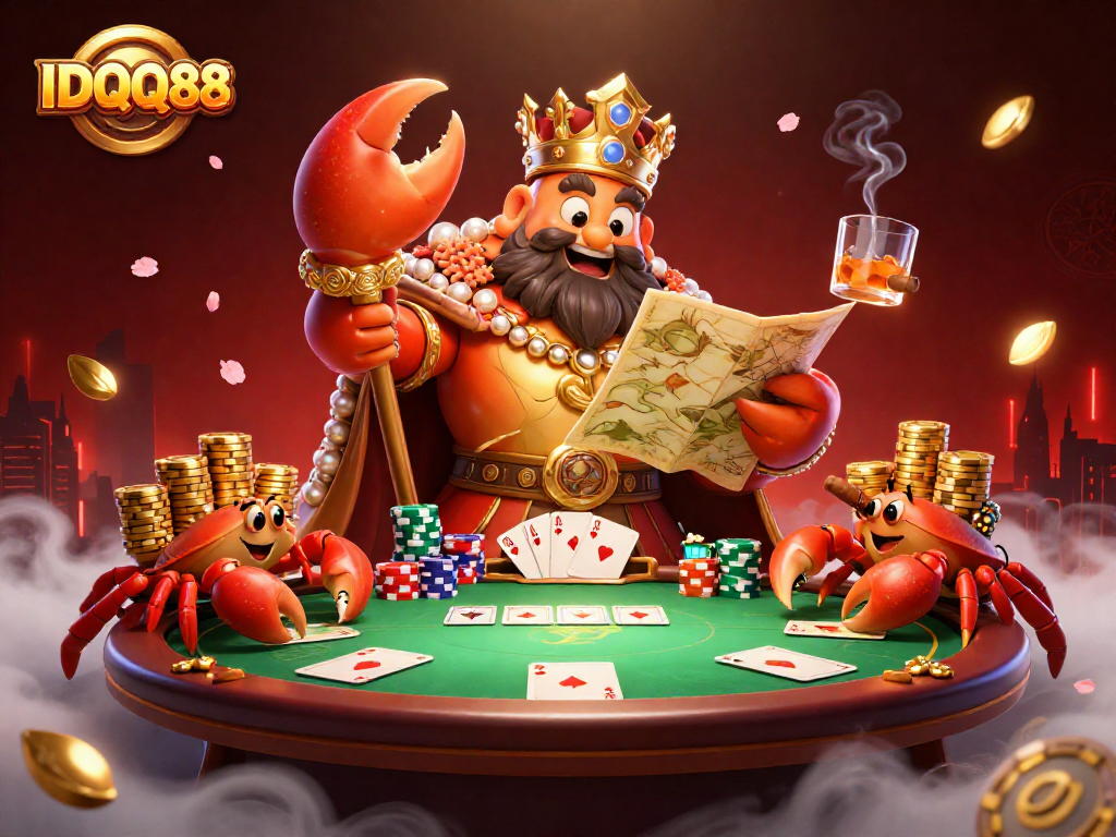Experience the excitement of IDQQ88 with a vibrant poker scene featuring a golden crab emperor and his treasures.