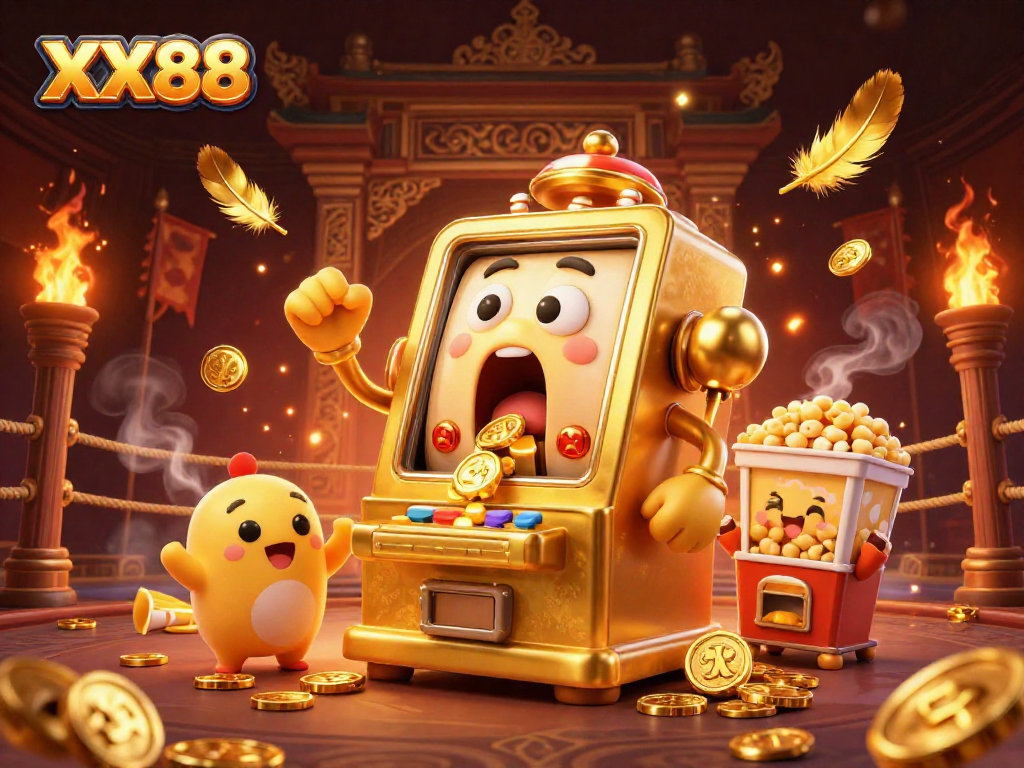 Experience the excitement of XX88 with a golden slot machine celebrating its jackpot amidst festive decorations.