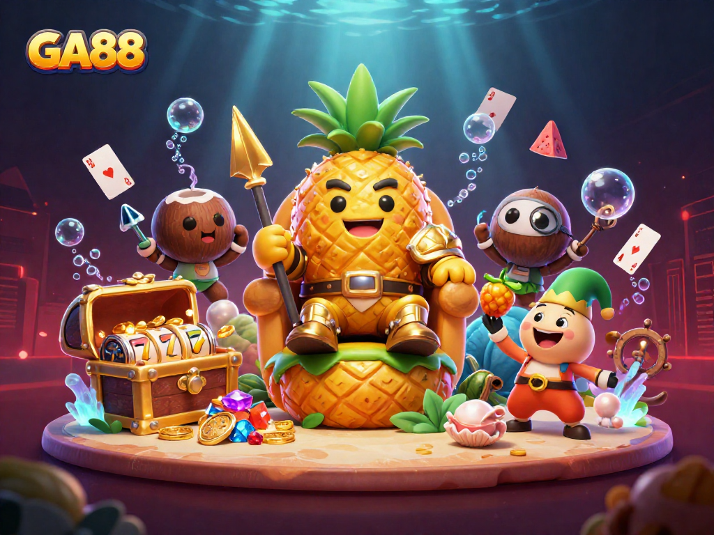 Engage with GA88's vibrant casino scene showcasing golden characters and slot elements.