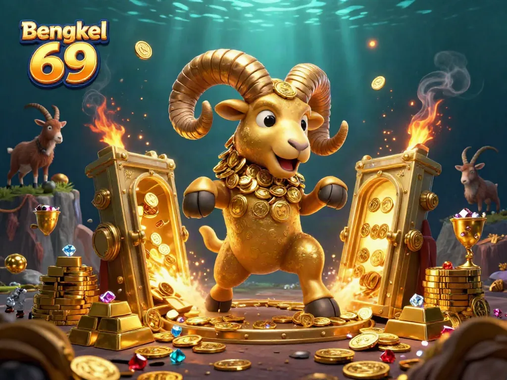 Bengkel 69 slots scene featuring a golden ram and treasure vault, bursting with treasures.