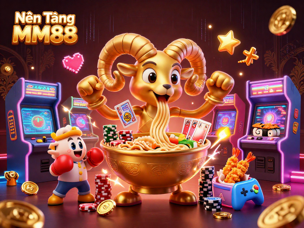 Nền Tảng MM88 features a vibrant casino scene with a golden ramen bowl character and dynamic game elements.